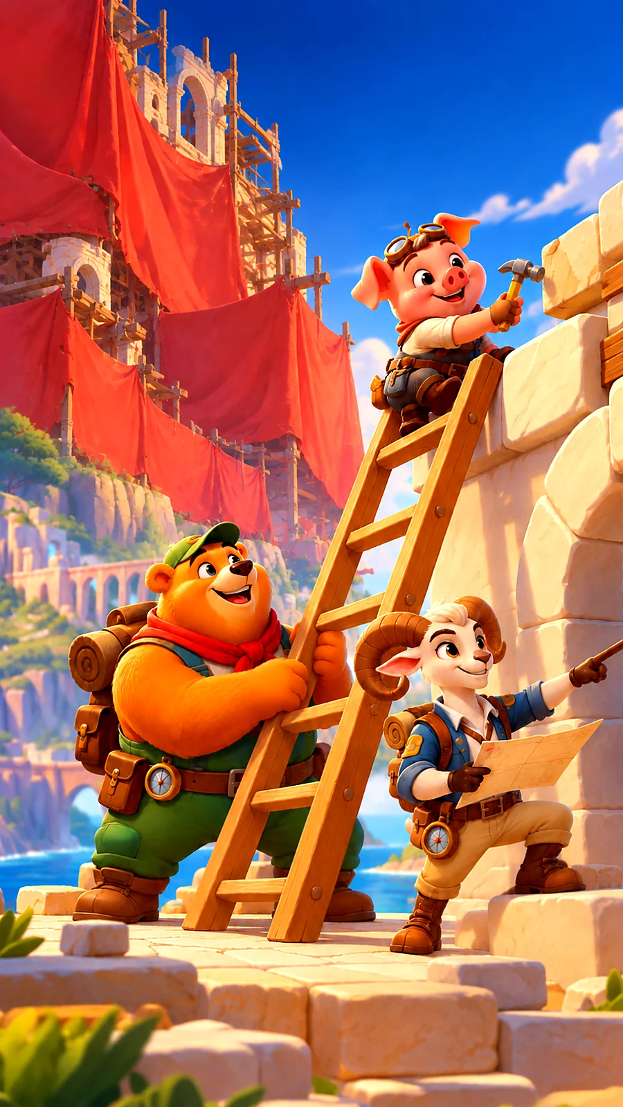 The bear, the pig and the ram climbing a ladder to repair an old stone wall