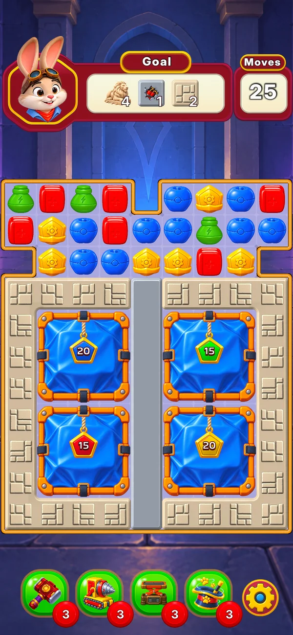 A board split by stone walls with four tarp-covered statues