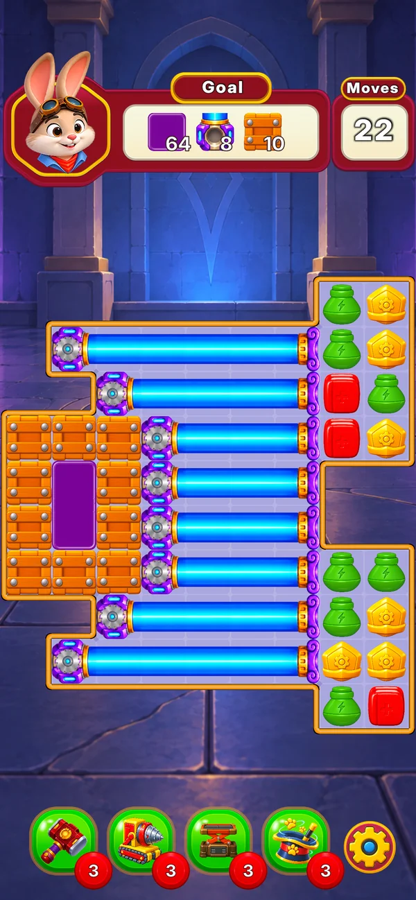 Glass tubes running across the board between two columns of tiles