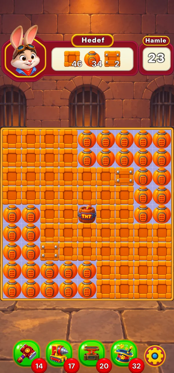 A wall of orange crates and lanterns in a brick vault