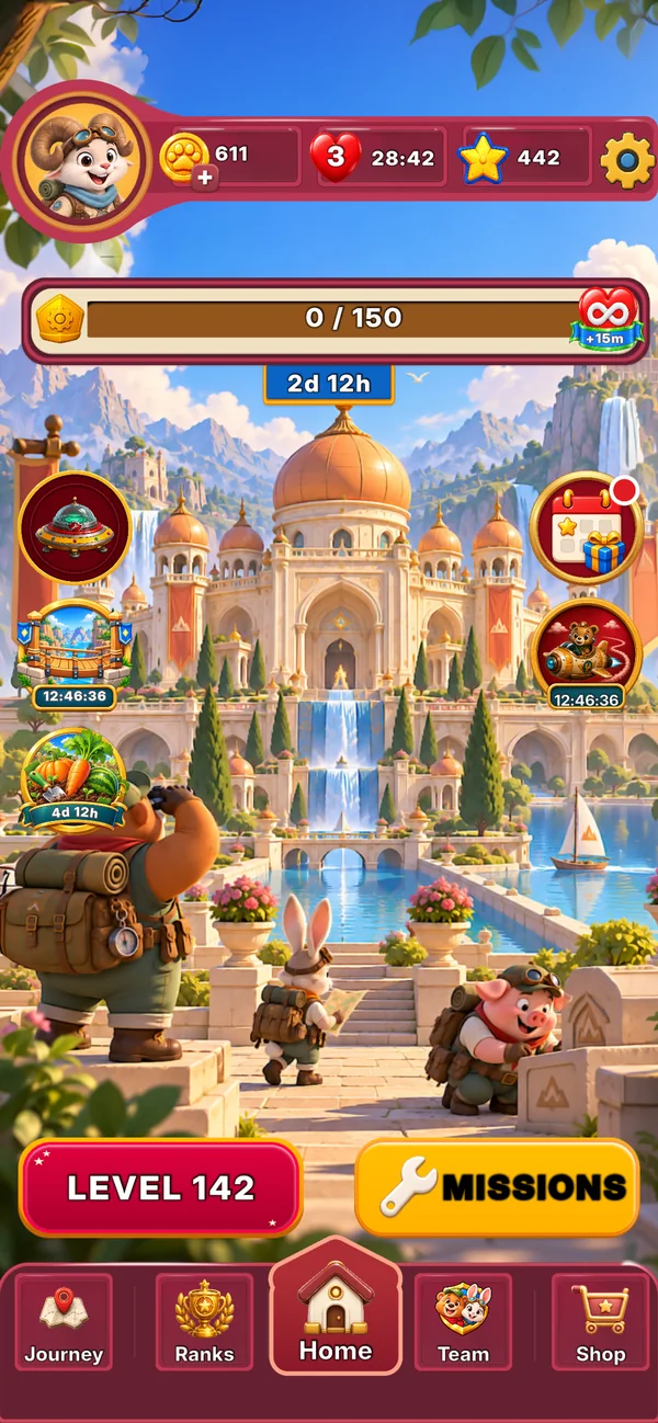 Home screen with a palace under repair, the bear and the pig in front, and the level button