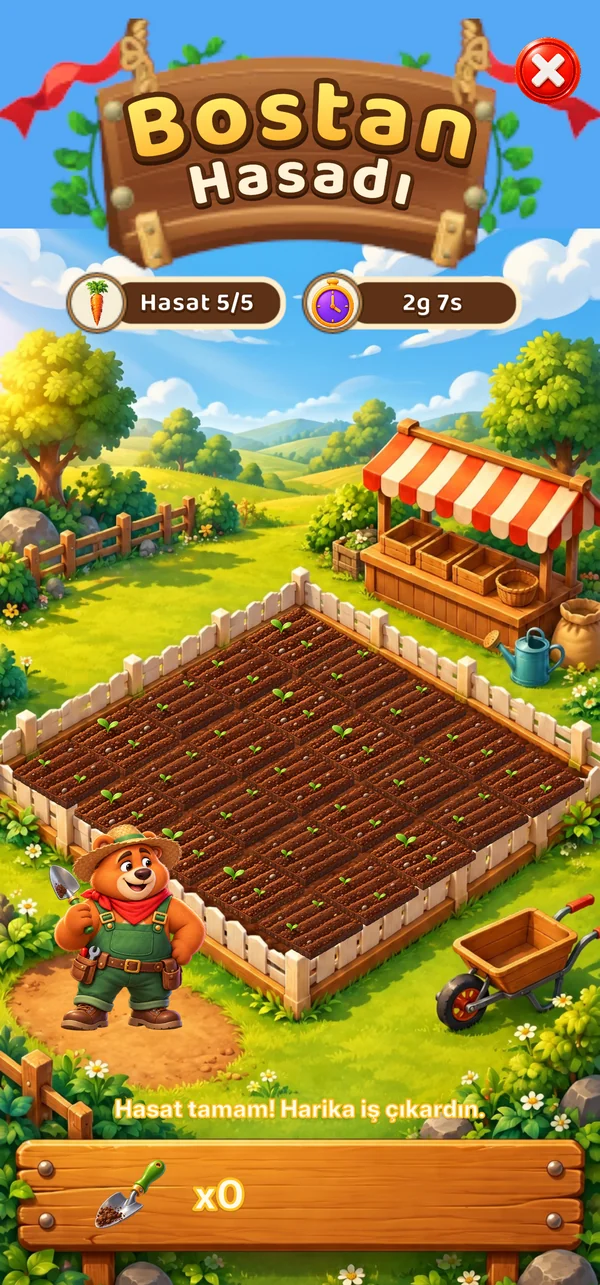 The bear next to a vegetable plot and a market stall