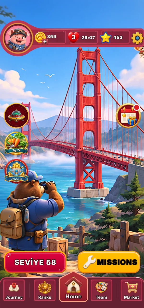 Home screen with the bear in front of a red suspension bridge