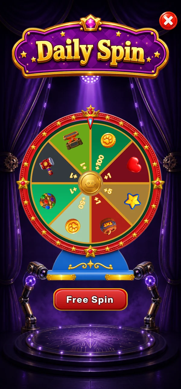 A prize wheel on a purple stage