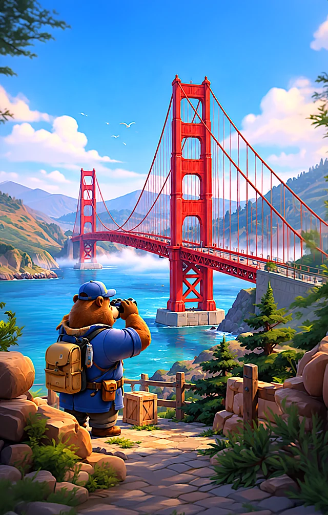 The bear looking through binoculars at a red suspension bridge